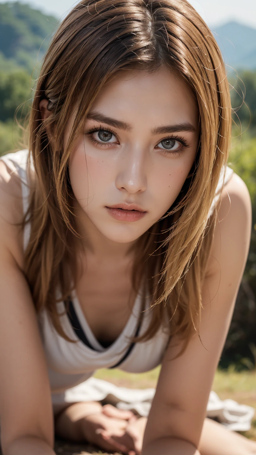 one woman, unparalleled beauty, Rin々A very stern look, long blonde hair, muscular body, (Tattered short white clothes), Amazons, wilderness background, looking at us with sharp eyes, Huge, exposed skin, thighs, Pose with movement, ((close up of face))､on all fours