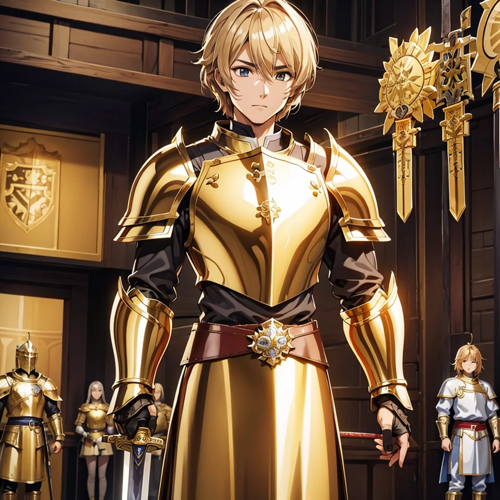 high resolution、Brave male warrior of the Knights。Gold Armor、Big golden shield、With a big sword、Standing with one's legs crossed。Medieval European fantasy。beautiful。