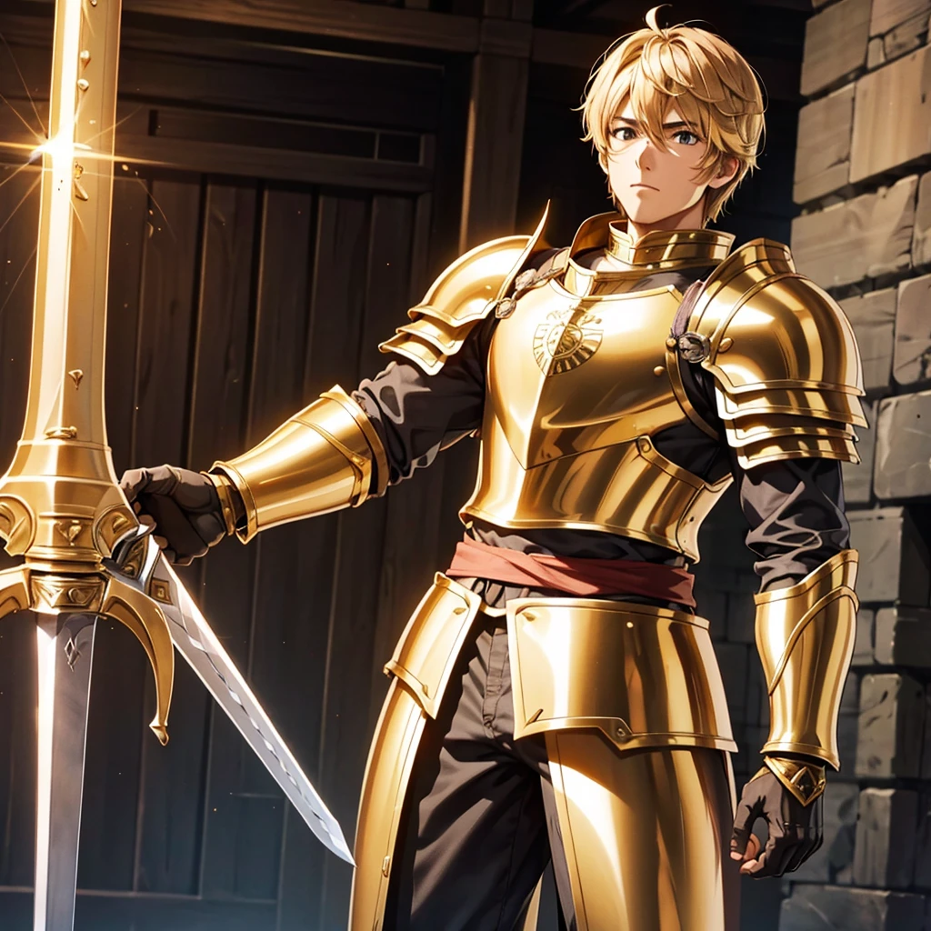 high resolution、Brave male warrior of the Knights。Gold Armor、Big golden shield、With a big sword、Standing with one's legs crossed。Medieval European fantasy。beautiful。
