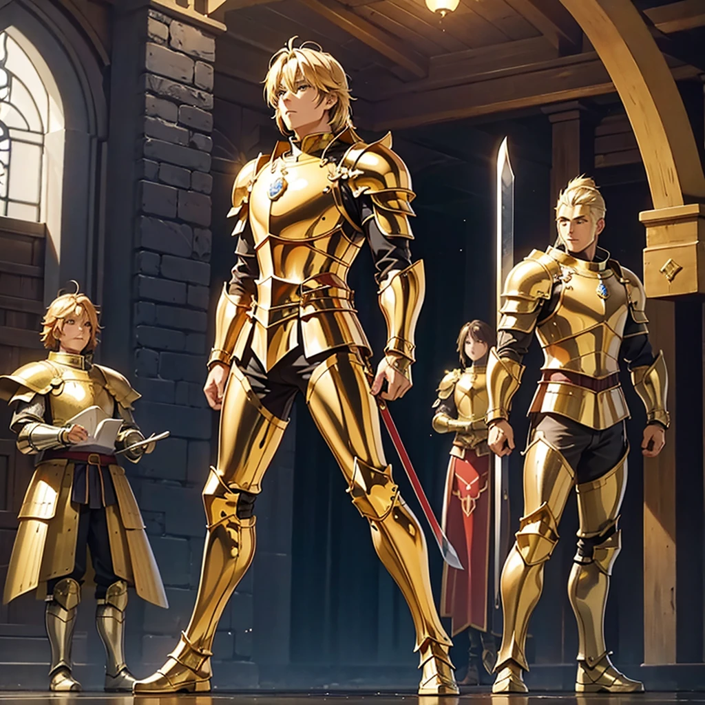 high resolution、Brave male warrior of the Knights。Gold Armor、Big golden shield、With a big sword、Standing with one&#39;s legs crossed。Medieval European fantasy。beautiful。