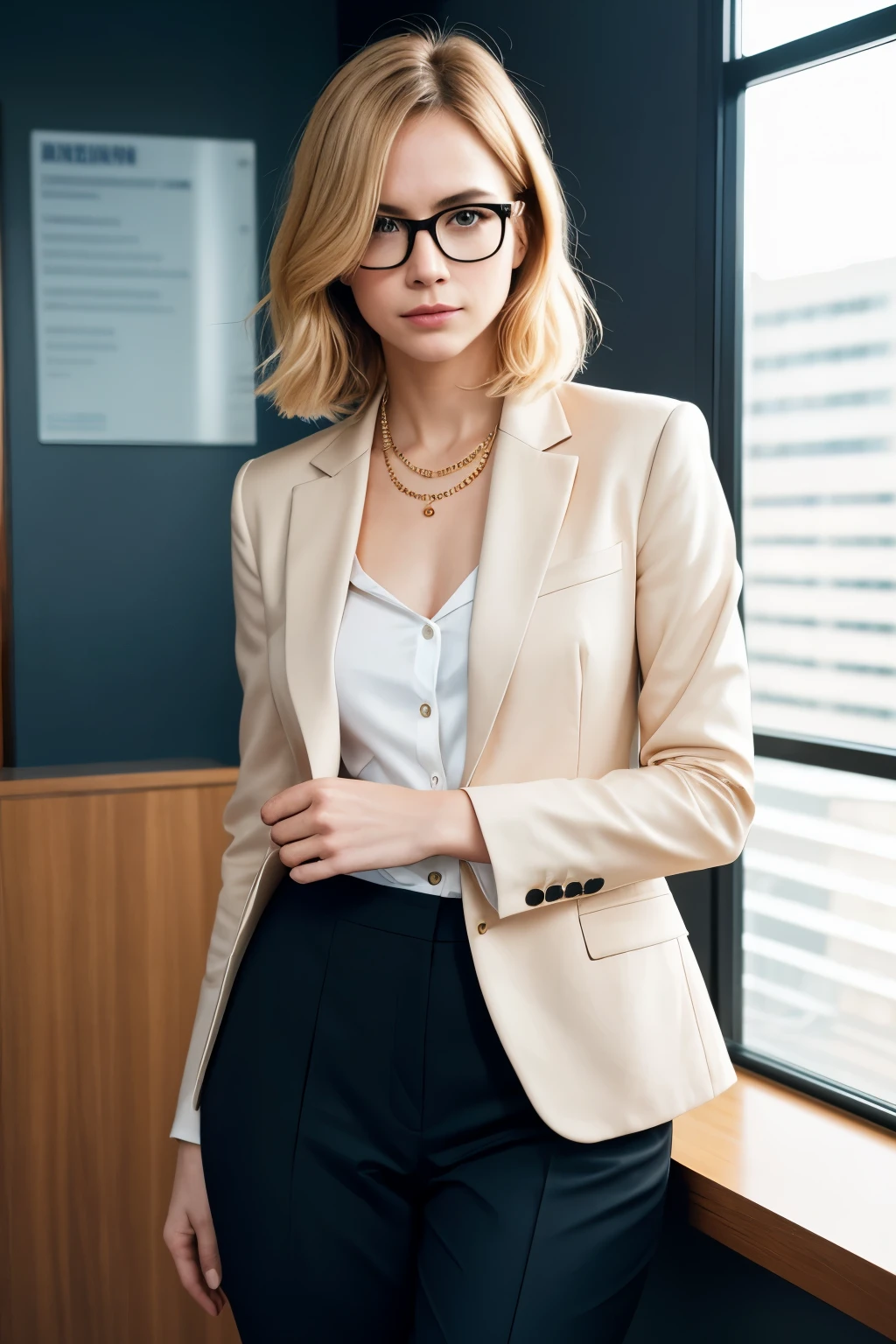 A striking office woman, inspired by the image, (Emma Stone:Jennifer Aniston:0.6), professional attire, tailored blazer and trousers, minimalist jewelry, high detail face, high detail skin, confident posture, (expressive eyebrows:1.3), highlighted cheekbones, blonde hair, (long bob:1.2), (stylish glasses:1.1), spacious office background, details in every corner, (UHD, 8K wallpaper, High resolution), natural lighting, soft shadows, clean and vibrant colors, film stock photography, Nikon D850 lenses, F1.8 aperture.