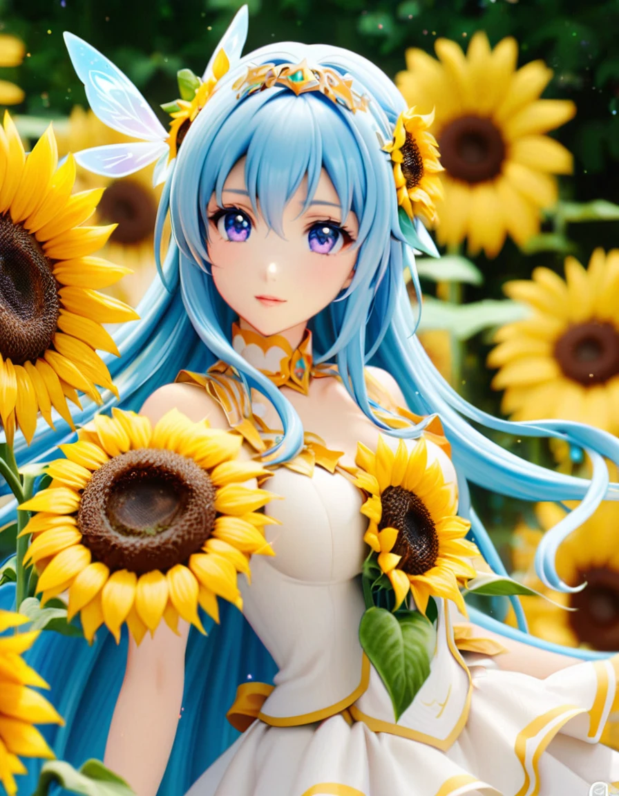 Close-up of a woman with blue hair and sunflowers, Beautiful angel, of an Beautiful Angel Girl, Beautiful sunflower anime girl, Beautiful woman angel, of Beautiful angel, Beautiful fairy, Beautiful Angel Girl