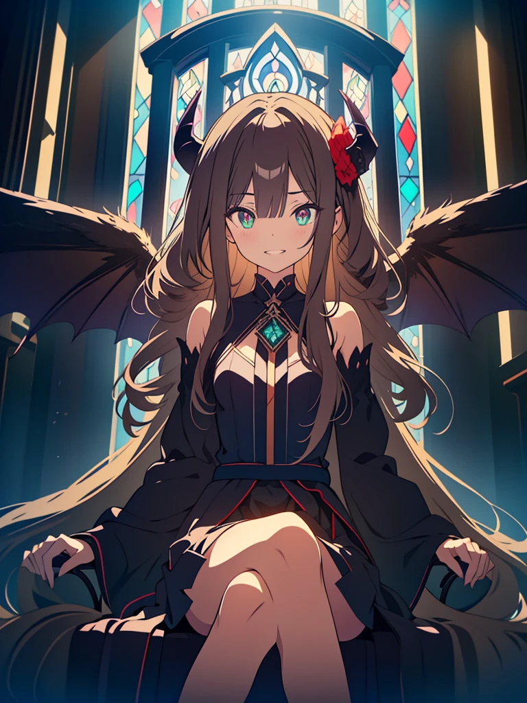 kawaii, anime, Cute, hyper quality, highly detailed, 8k, Clarity,  with glowing green eyes, dark brown long hair, Dark Demon King, devil's peak, black eagle wings on the back, Throne room of the abyss, Crystal pillars reaching to the sky, dark sky, hellfire, sit cross-legged on the throne, wield a cane in one's hand, Draw facial expressions in detail, Showing succubus fangs with a creepy expression, Draw the whole body with a drawn composition, grin fearlessly, Wear an aura of darkness, ominous sky, Inciting point of view, to intimidate, Overwhelming, Stained glass, brandish a cane, dark magic effects, dark fog drifts, cross your legs, cross your legs, Right eye is glowing, 	
