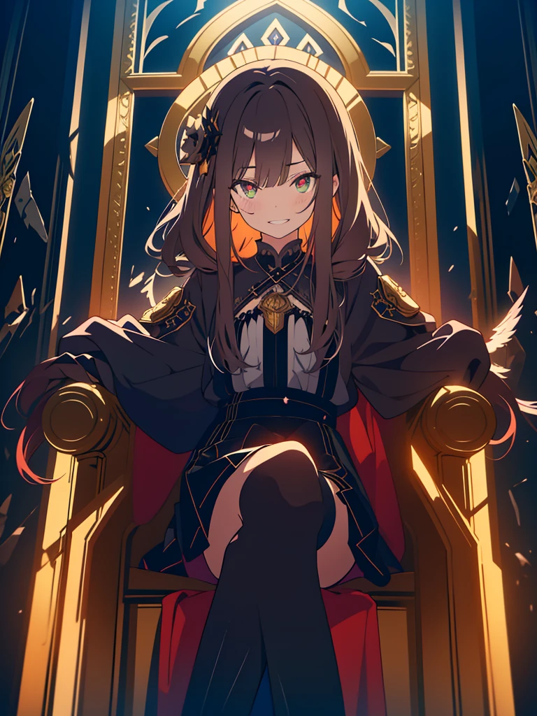 kawaii, anime, Cute, hyper quality, highly detailed, 8k, Clarity, with glowing green eyes, dark brown long hair, Dark Demon King, devil's peak, black eagle wings on the back, Throne room of the abyss, Crystal pillars reaching to the sky, dark sky, hellfire, sit cross-legged on the throne, wield a cane in one's hand, Draw facial expressions in detail, Showing succubus fangs with a creepy expression, Draw the whole body with a drawn composition, grin fearlessly, Wear an aura of darkness, ominous sky, Inciting point of view, to intimidate, Overwhelming, Stained glass, brandish a cane, dark magic effects, dark fog drifts, cross your legs, cross your legs, Right eye is glowing,