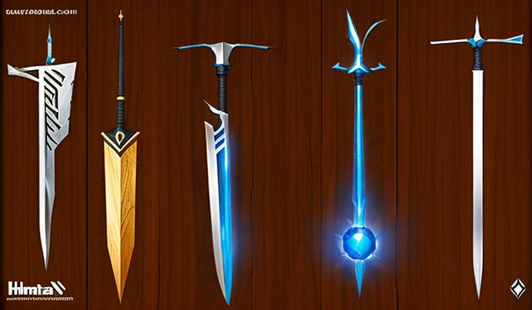 A blue fireball is drawn on the wooden stick, ax element,  Fantasy weapons = Fantasy weapons,  concept art, Weapon design, weapons concept art, role playing game project, concept art, concept art, hammer weapon