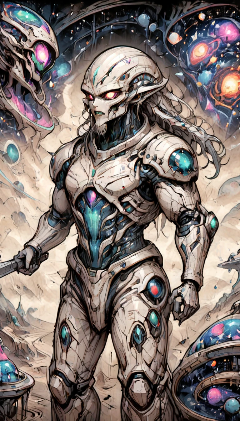 ((best quality)) , ((masterpiece)) , (detailed)，weapon, armor, holding, long hair, facial hair, glowing eyes, 1boy, male focus, holding weapon, glowing, sword, outdoors, helmet, braid, teeth, fire, shoulder armor, pants, grey hair, beard, bangs, holding sword, muscular male, white hair,(((Alien-themed Magical,  Extraterrestrial, cosmic, otherworldly, mysterious, sci-fi, highly detailed)))