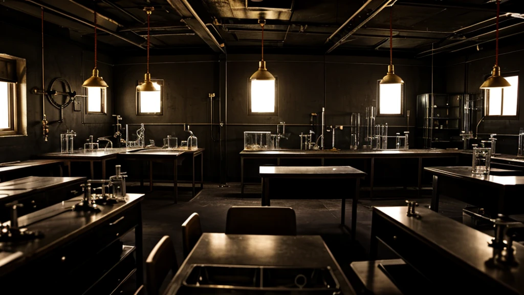 a science lab,many spiders,dark themed