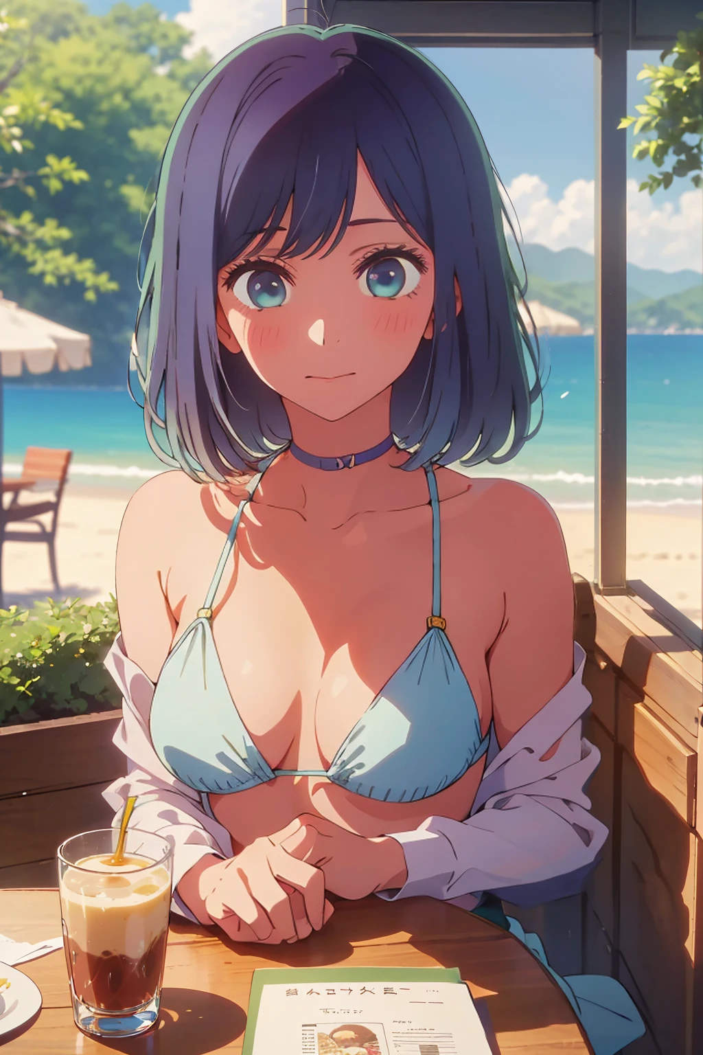 (Highest quality:1.4、masterpiece:1.4、Super detailed:1.4、8k:1.4)、((((1 person、Surprised expression、sit、Cafe Terrace、coastal、juice、table、Sandy Beach、juiceのグラスを持つ、Very soft 、Big eyes、Very cute face))))、(big Areolas protrude from micro bikini:1.4)、F cup bust、Medium breast、Underboob