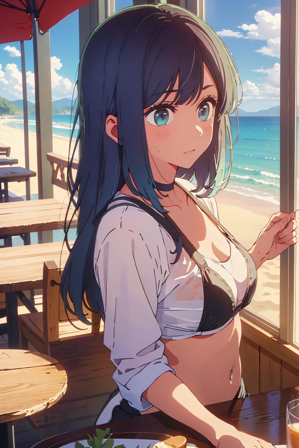 (Highest quality:1.4、masterpiece:1.4、Super detailed:1.4、8k:1.4)、((((1 person、Surprised expression、sit、Cafe Terrace、coastal、juice、table、Sandy Beach、juiceのグラスを持つ、Very soft 、Big eyes、Very cute face))))、(big Areolas protrude from micro bikini:1.4)、F cup bust、Medium breast、Underboob