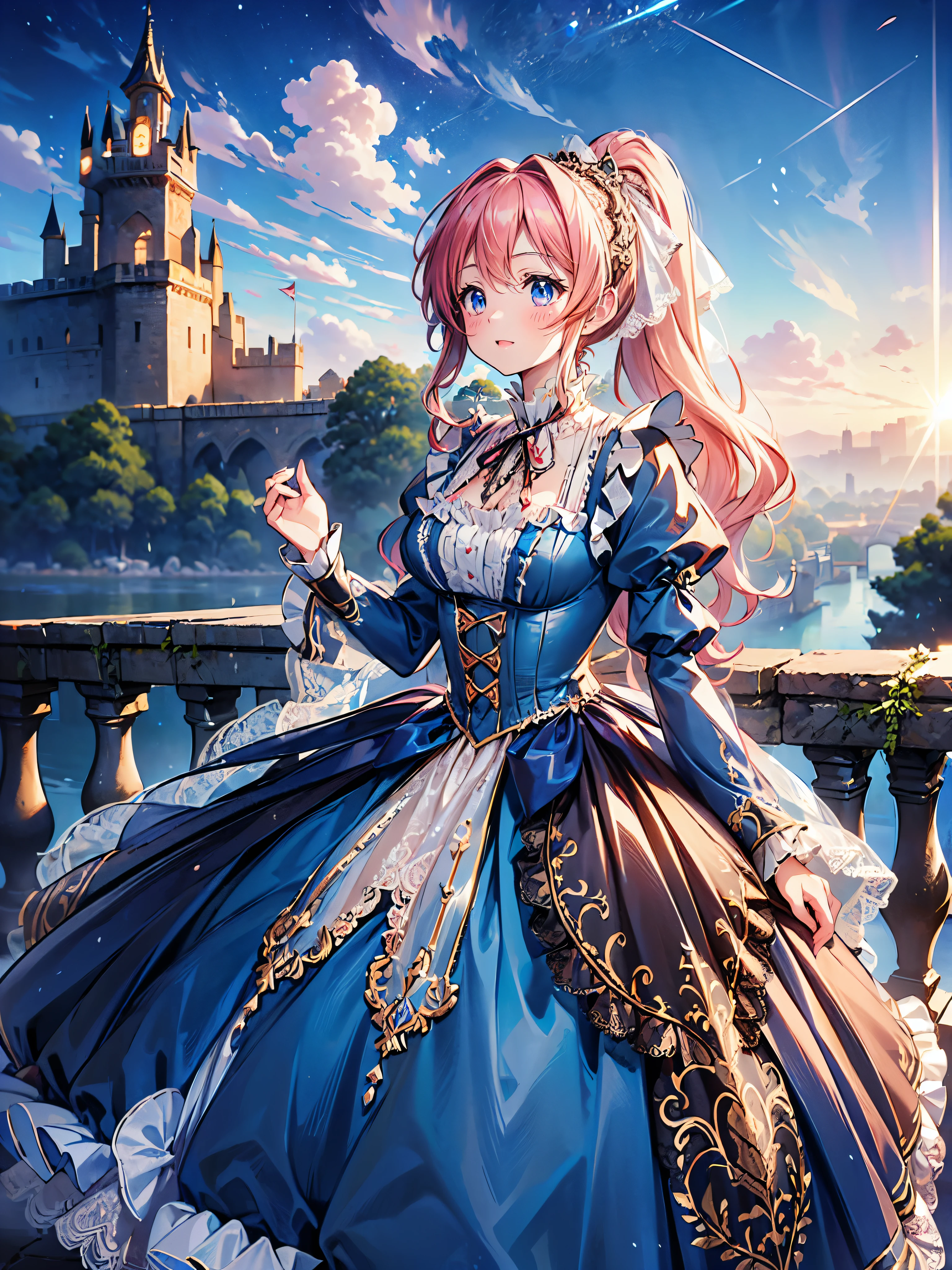 ((Superbly detailed drawing, ultra detailed, exquisite quality, absolutely resolution)), (((young face solo princess))), (((Unsurpassed gorgeous rococo victorian gown with voluminous huge hoopskirt and long hems, hot pink gown,  princess style skirt:1.5))), ((transparency gown, fluffy and full of pleats skirt:1.3)), (Super detailed and intricate exquisite design gown:1.5), ((overwhelming amount many ruffles with ribbons with intricate lace with Super detailed and intricate embroidery:2)), ((huge breasts, breasts cleavage)), (ponytail, fluffy long Expressive, hair pink hair), super voluminous long hair, hair ornament tiara, happy smile, ((upper body, looking up, looking at viewer, from above, leaning forward, from front, curtsey:2)), (blurry background, depth of field:1.5), super detailed skin, super delicate and beautiful face, (eyes blue eyes), (backlighting, particle effect, caustics), (((sharp focus))), (((breasts focus))),  