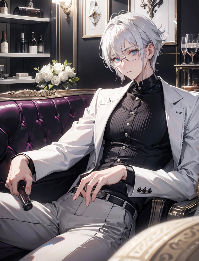 Silver-white hair, wolf cut hair, under-frame glasses, ice-coloured eyes, narrow eyes, teardrop mole, 27 years old, luxury sofa, wine glass, wine bottle, male mafia, 1 person