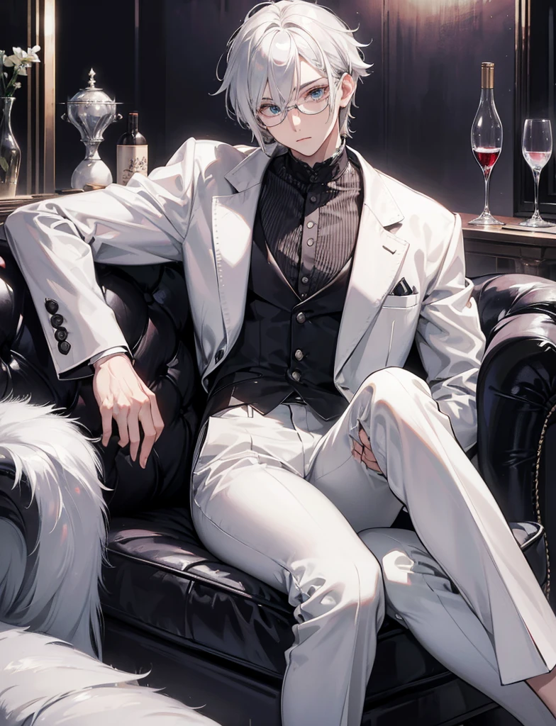 Silver-white hair, wolf cut hair, under-frame glasses, ice-coloured eyes, narrow eyes, teardrop mole, 27 years old, luxury sofa, wine glass, wine bottle, male mafia, 1 person