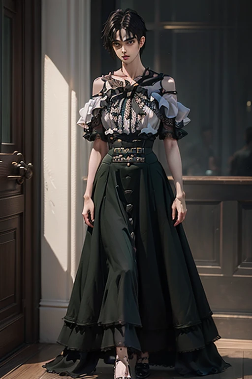 Young man wearing long green dress, full body , off shoulder, thick thighs, wide hips, thin and narrow weist, long legs, very small spikey boyish haircut, hot man,hot male , hot man, hot male , bearded, HD, clear image, clear face , hot man , hit male 