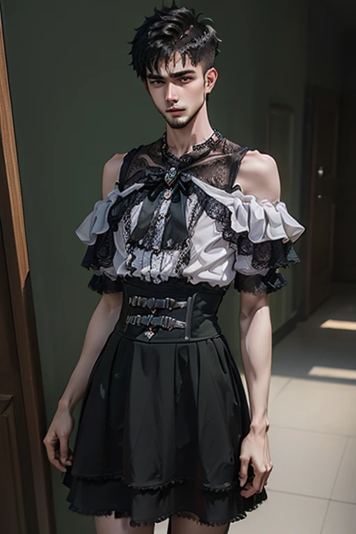 Young man wearing long green dress, full body , off shoulder, thick thighs, wide hips, thin and narrow weist, long legs, very small spikey boyish haircut, hot man,hot male , hot man, hot male , bearded, HD, clear image, clear face , hot man , hit male 