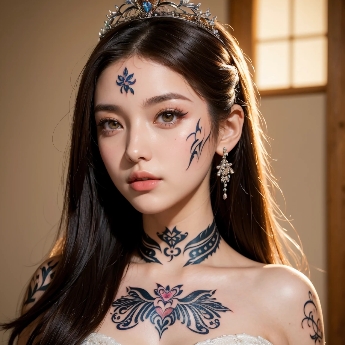 (masterpiece, best quality:1.5), ultra detailed, high resolution, 16k, the most beautiful face in the world, perfect face, delicate facial features, highly detailed beautiful face and eyes, shiny skin, her hair has a glossy shine, highly detailed background, elaborately designed, fine cloth texture, BREAK, (gorgeous and stunning teenage princess in gorgeous and luxurious princess dress:1.2), perfect make-up, eyeshadow, lash extensions, rouge, deeply in love, full of elegance, flower, bird, (face mysterious tattoo:1.4)