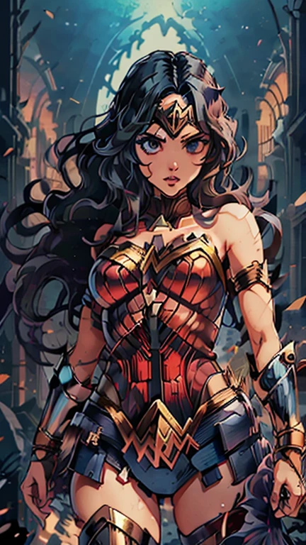 (Dominican: Caribbean:1girl: wonder woman), (extremely detailed CG unit 8k wallpaper),(master part), (best quality), (ultra detali), (best illustration),(melhor ombre), cowboy shot, (Sharp eyeliner, ombre, detailedeyes:1), Gothic Castle background, ,break, long hair ,black hair, Cameltoe,gothichorrorai