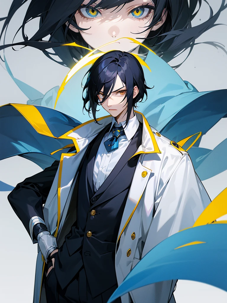 The image features an anime character with black hair and a single white streak. The character has pale skin and is wearing a high-collared blue coat with yellow buttons. They have a serious and stern facial expression, with one yellow eye and one gray eye. The background of the image is bright blue.
