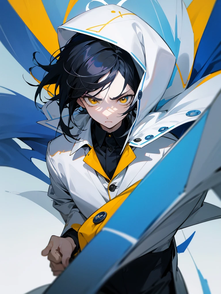 The image features an anime character with black hair and a single white streak. The character has pale skin and is wearing a high-collared blue coat with yellow buttons. They have a serious and stern facial expression, with one yellow eye and one gray eye. The background of the image is bright blue.