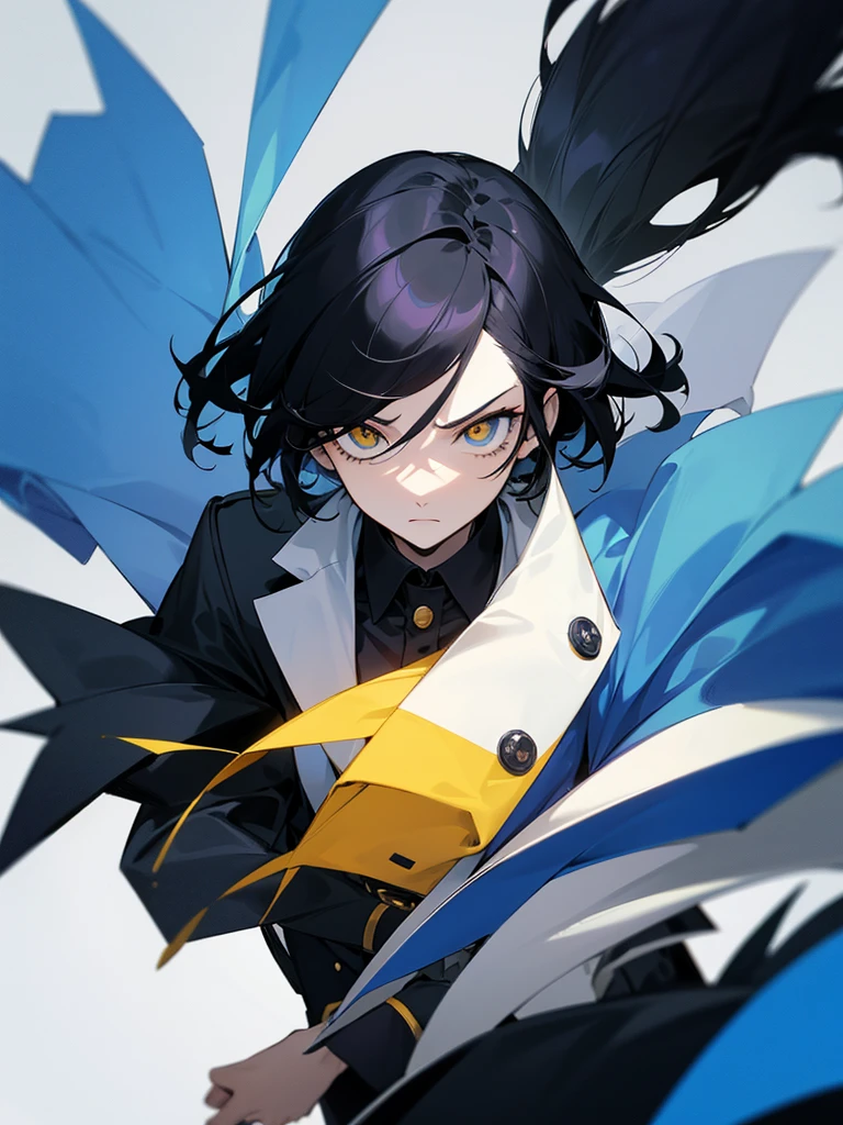 The image features an anime character with black hair and a single white streak. The character has pale skin and is wearing a high-collared blue coat with yellow buttons. They have a serious and stern facial expression, with one yellow eye and one gray eye. The background of the image is bright blue.