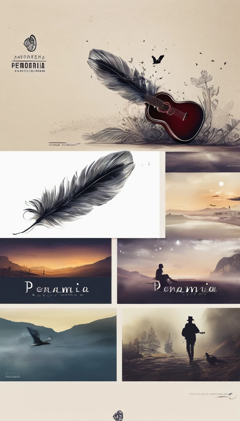 Create a minimal, modern, simple, inspirational, memorable, dream like logo design of a boy playing acoustic guitar to a feather for the brand “Penamemoria". The logo design must convey a sense of storytelling, cinematic storytelling, stories and dreams. Logo design impressed on a book cover