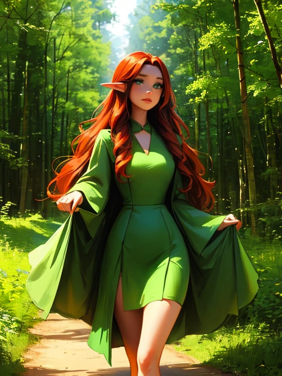 Young woman, with long wavy hair, redhead, green eyes, medieval dress, bottle green and gold color, with magic in his hands, pointy ears, In a forest, walking
