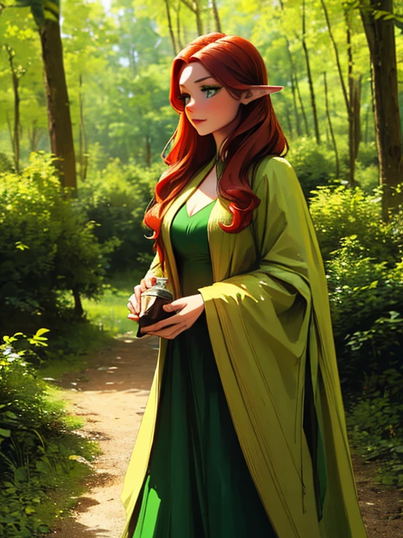 Young woman, with long wavy hair, redhead, green eyes, medieval dress, bottle green and gold color, with magic in his hands, pointy ears, In a forest, walking 