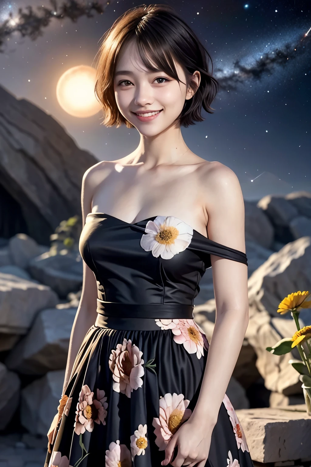 258 19-year-old female, (short hair),(Abstract background,universe), smile, flower
