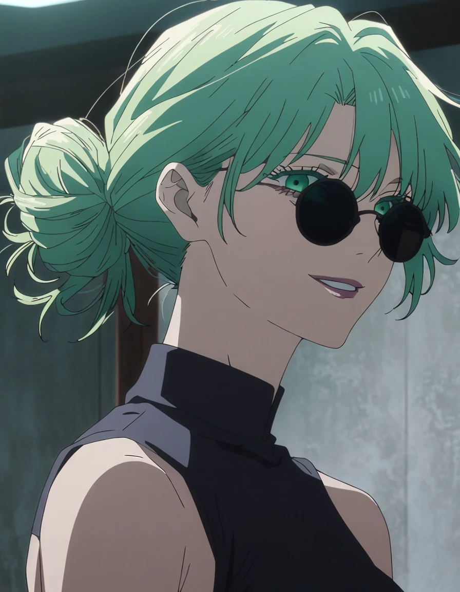 1girl, female gojo satoru, anime screencap from jujutsu kaisen, gojo satoru female version, solo, long_Green hair, hair strands, hair bun, black round sunglasses, Green Eyes, parted_lips, smiling, looking_at_viewer, perfect background, indoors, side view, white_hair, bangs, eyelashes, (blackless outfit),  hair_between_eyes, floating hair, (hair strands) 