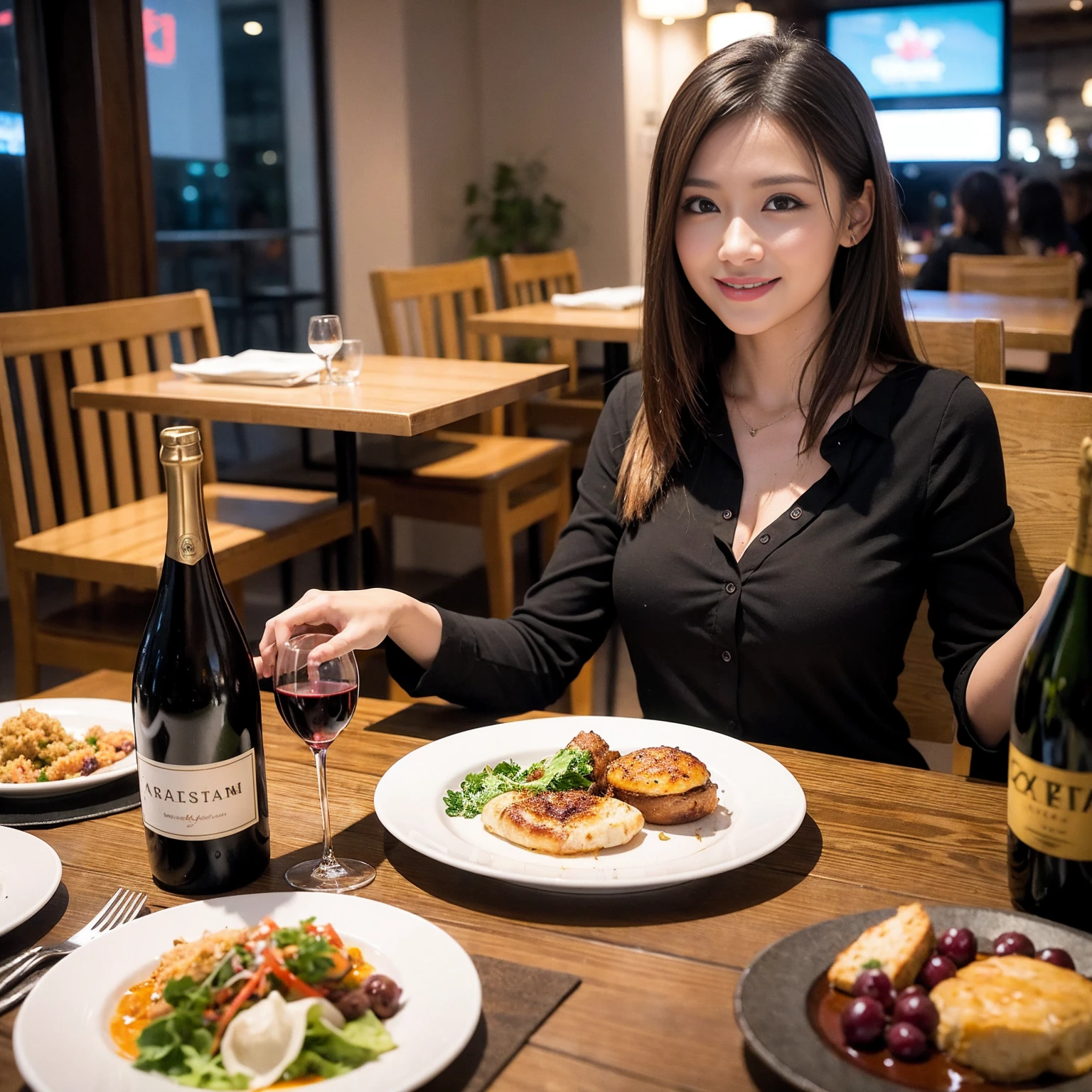 ((Highest quality、8k、masterpiece:1.3))、slimカップル、modelカップル、(Realistic, Intricate details:1.2), full-course dinner、Wine Party、Amazing view of the sunset sky and clouds、A bright smile、The wonderfulness of smile、Bright image、The beauty of wine, Beautiful Face, blue eyes, The light shines on your face, blush, short hair,Bright Face、 (Age 37), 39 years old, red wine 、Appetizers、Italian food、Wine bottle、Champagne、sparkling wine、Two beauties、Brown Hair、Shortcuts、Long sleeve shirt、dress、Beautiful woman 1, (slimな顔), (The body is slim), (Brown Hair), (Shortcuts), cheeks turn a little red,Attractive beauty、restaurant, In a prominent place (From the waist up) Nova Frog Style, actress, model, Upper Body, White wine, slim, wine glass, 中央に置かれたwine glass, smile, (smile: 1.15), Beautiful fine grain, Depth f/2,saturation, High Contrast, Strong light and shadow,Moist Body:1.5、3D texture、Delicate eyes、Brown Hair、The hair is very shiny、
