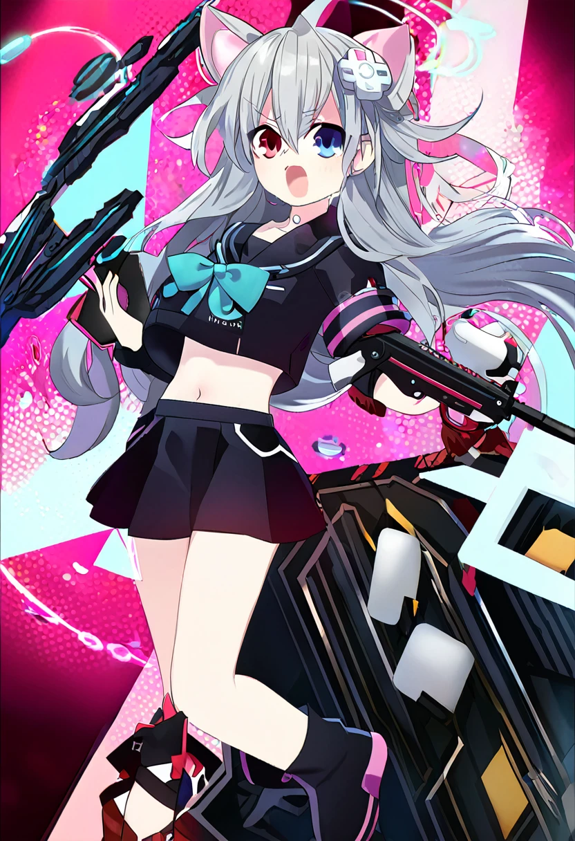 ((1girl)), ((grey hair)), cute, a female anime character holding two guns,【 sciart 💙💜 mson, coilgun, wavy long hair, cat-eared headset with neon light purple color, heterochromia eyes (blue eyes, red eyes), ((black and dark blue outfit)), white ornaments, red skirt, grey wavy hair, hair ornaments, dark blue opened cyberpunk jacket with red lines, navel showing black sailor uniform, grey sailor collar, black shirt, short sleeves)), midriff, black miniskirt