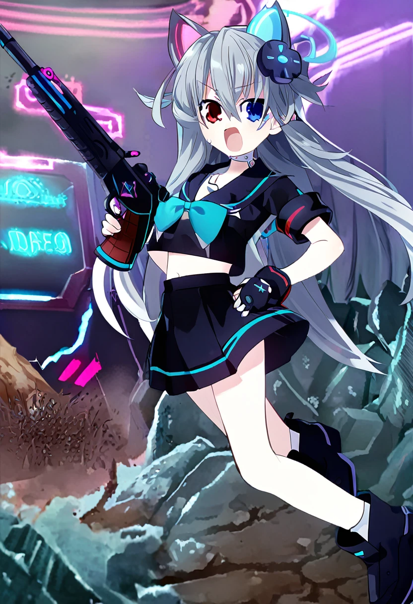 ((1girl)), ((grey hair)), cute, a female anime character holding two guns,【 sciart 💙💜 mson, coilgun, wavy long hair, cat-eared headset with neon light purple color, heterochromia eyes (blue eyes, red eyes), ((black and dark blue outfit)), white ornaments, red skirt, grey wavy hair, hair ornaments, dark blue opened cyberpunk jacket with red lines, navel showing black sailor uniform, grey sailor collar, black shirt, short sleeves)), midriff, black miniskirt