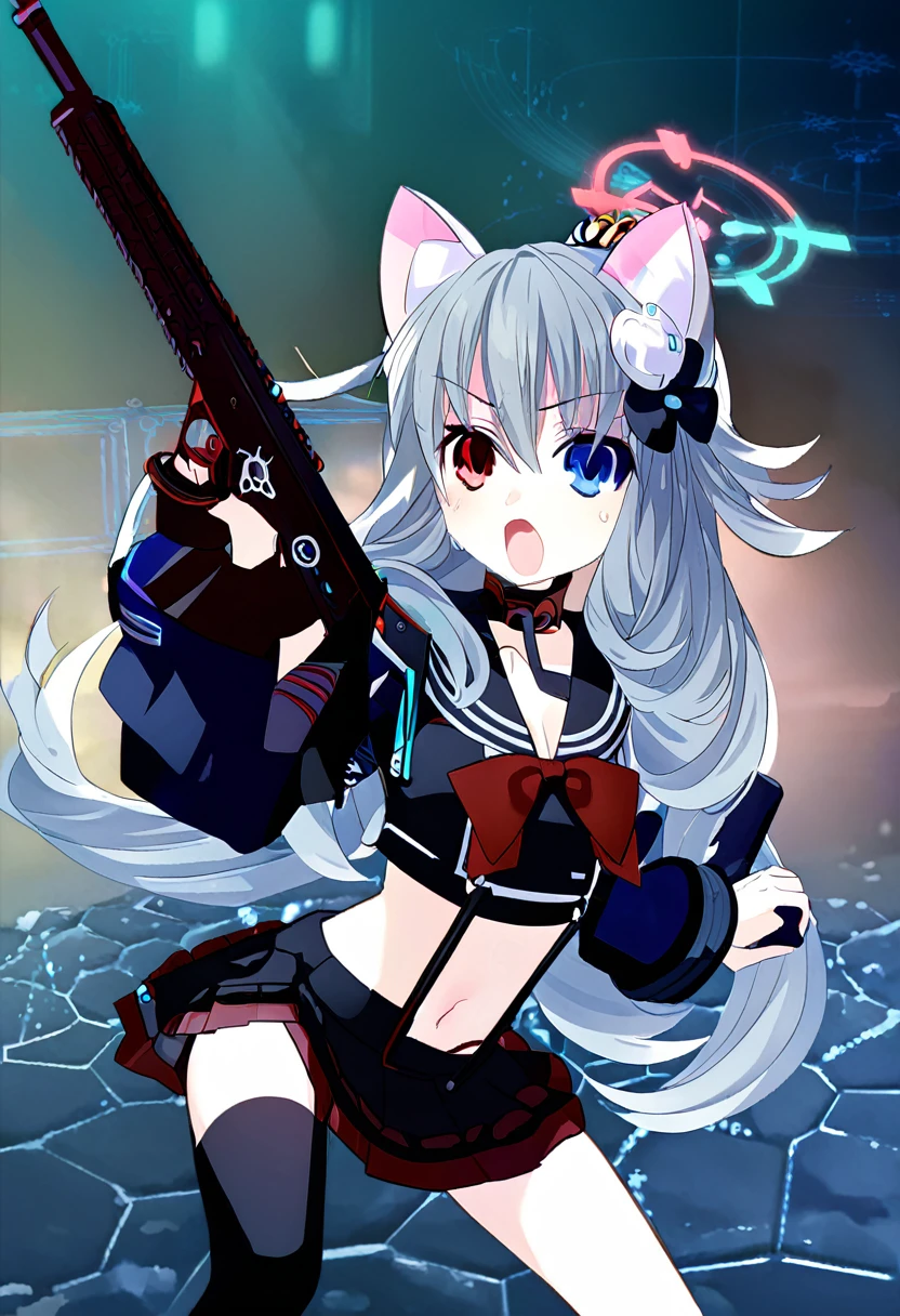 ((1girl)), ((grey hair)), cute, a female anime character holding two guns,【 sciart 💙💜 mson, coilgun, wavy long hair, cat-eared headset with neon light purple color, heterochromia eyes (blue eyes, red eyes), ((black and dark blue outfit)), white ornaments, red skirt, grey wavy hair, hair ornaments, dark blue opened cyberpunk jacket with red lines, navel showing black sailor uniform, grey sailor collar, black shirt, short sleeves)), midriff, black miniskirt