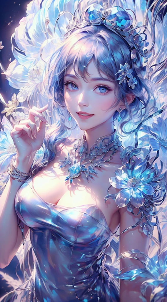 tmasterpiece,Highest high resolution,((((Bow your head and smile)))),Dynamic avatar of a beautiful aristocratic girl,Blue hair is gracefully curled,(((Wearing a crown of huge flowers、Bucket Hat,jewely,Diamond necklace))),Purple clear eyes,(((Hair is covered with beautiful and delicate floral craftsmanship, Crystal Jewelry Filigree))),Ultra-detailed details。