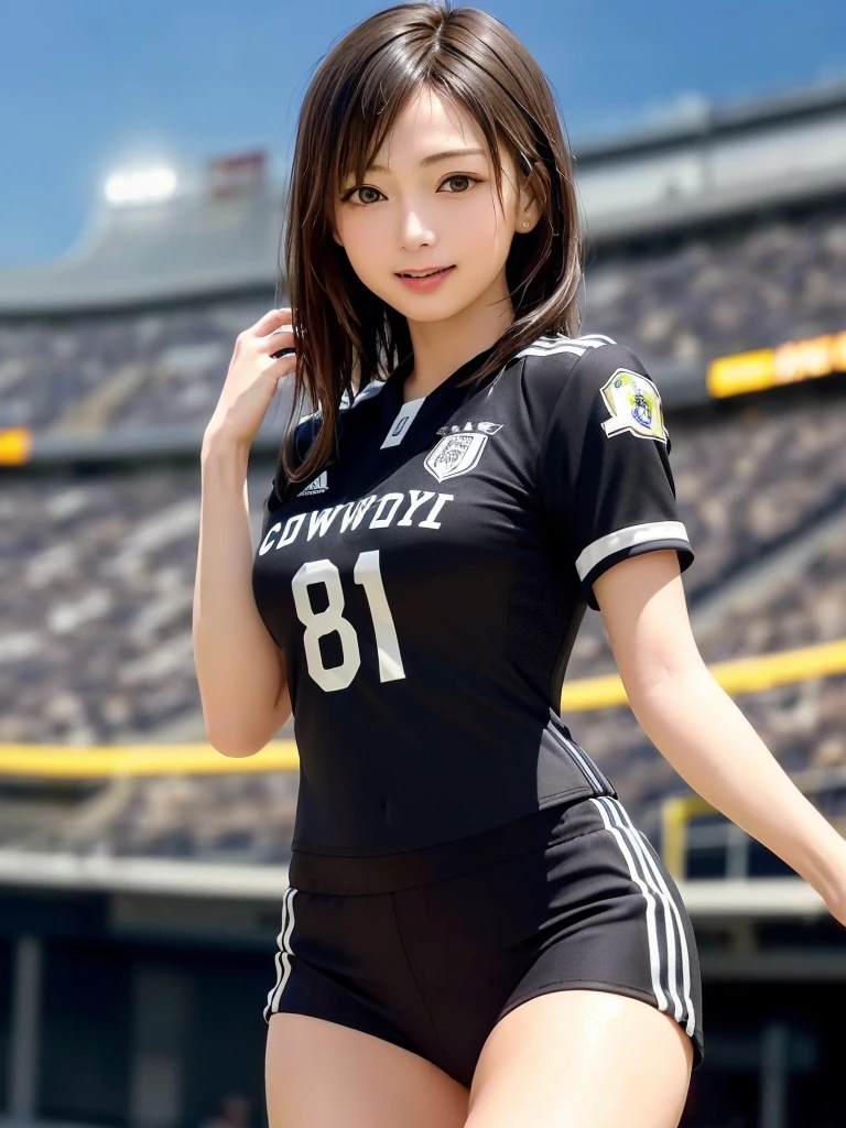 (Highest quality、8k、32K、masterpiece)、(Realistic)、(Realistic:1.2)、(High resolution)、Very detailed、Very beautiful face and eyes、1 girl、Round and small face、Tight waist、Delicate body、(close、Highest quality、Attention to detail、Rich skin detail)、(Highest quality、8k、Oil paints:1.2)、(Realistic、Realistic:1.37)、Bright colors、(((Black Hair)))、(((Cowboy Shot)))、(((Bob Hair)))、(((Football Stadium)))、(((Enthusiastic audience)))、(((Large crowd)))、(((Open your mouth)))、(((Laughter)))、(((Soccer uniforms)))、(((赤と白のSoccer uniforms)))、(((There are no lines on the sleeves)))、(((Short sleeve uniform)))、I have my arms crossed