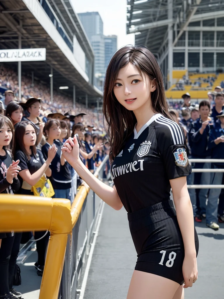 (Highest quality、8k、32K、masterpiece)、(Realistic)、(Realistic:1.2)、(High resolution)、Very detailed、Very beautiful face and eyes、1 girl、Round and small face、Tight waist、Delicate body、(close、Highest quality、Attention to detail、Rich skin detail)、(Highest quality、8k、Oil paints:1.2)、(Realistic、Realistic:1.37)、Bright colors、(((Black Hair)))、(((Cowboy Shot)))、(((Bob Hair)))、(((Football Stadium)))、(((Enthusiastic audience)))、(((Large crowd)))、(((Open your mouth)))、(((Laughter)))、(((Soccer uniforms)))、(((赤と白のSoccer uniforms)))、(((There are no lines on the sleeves)))、(((Short sleeve uniform)))、I have my arms crossed