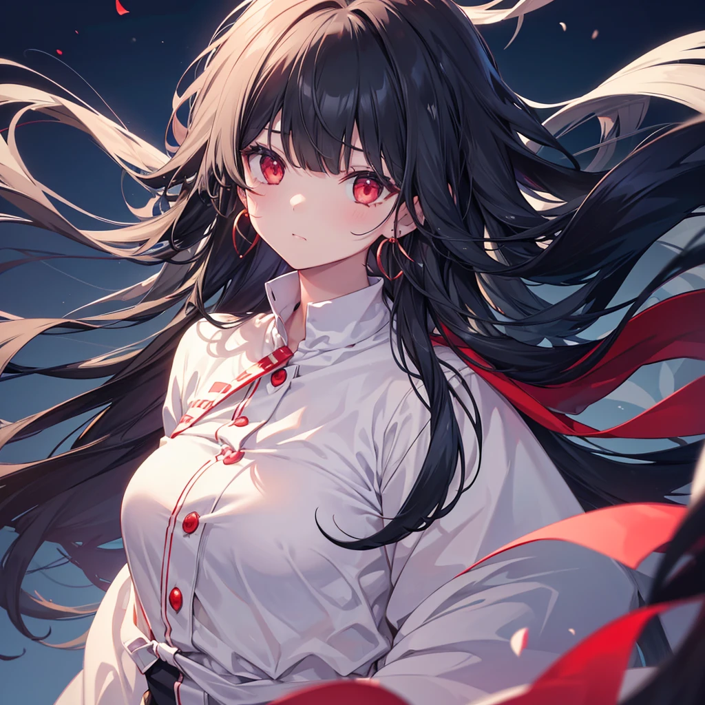 One girl, Long Hair, High resolution, Gaze, Food, Black Hair, Simple Background, Illustration, Hair blowing in the wind, Deco bangs, Red eyes, Sad, cute,I wore earrings
