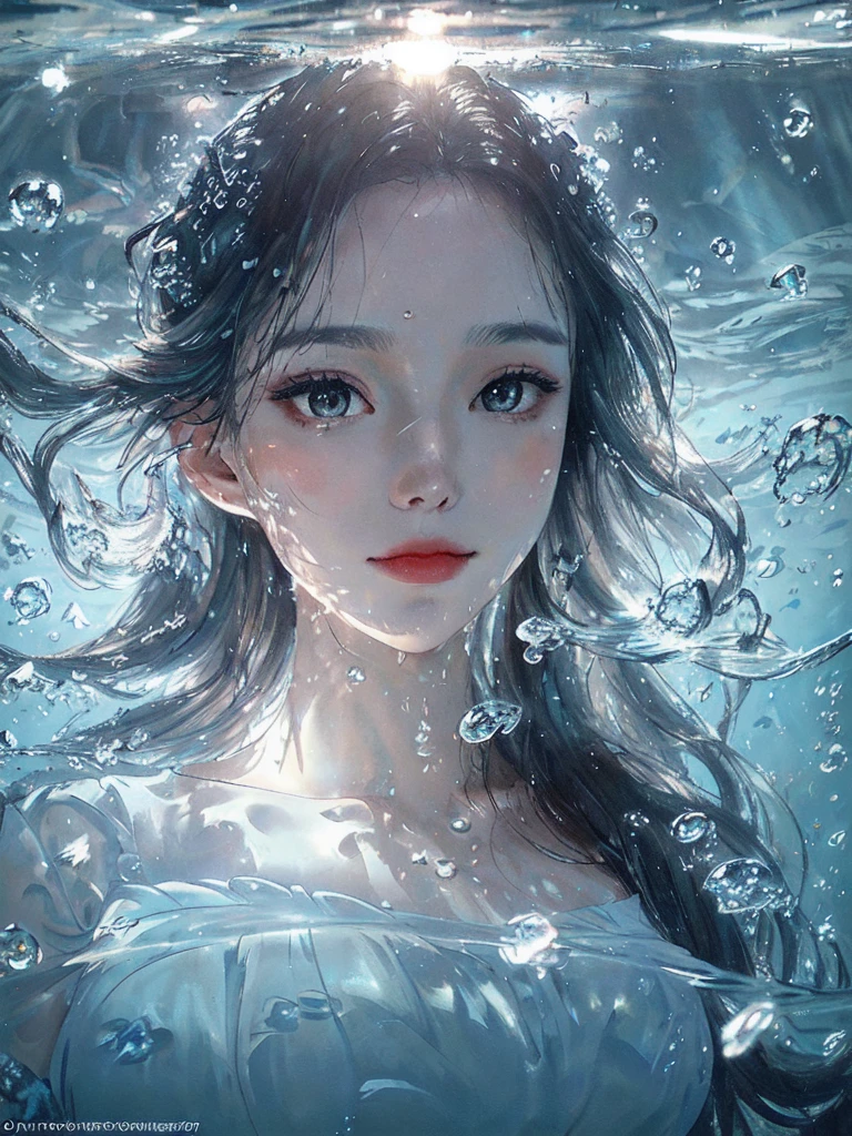 beautiful woman, masterpiece, best quality, portrait, close up, detailed face and eyes, dress, underwater hair physics, air bubbles, ((light coming through water)), solo focus, depth of field, ambient lighting, atmospheric, intricate details, soft light, artstation, ((look at the view, face up))