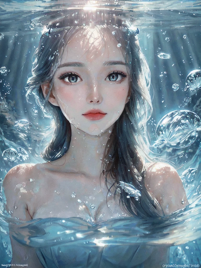 beautiful woman, masterpiece, best quality, portrait, close up, detailed face and eyes, dress, underwater hair physics, air bubbles, ((light coming through water)), solo focus, depth of field, ambient lighting, atmospheric, intricate details, soft light, artstation, ((look at the view, face up))