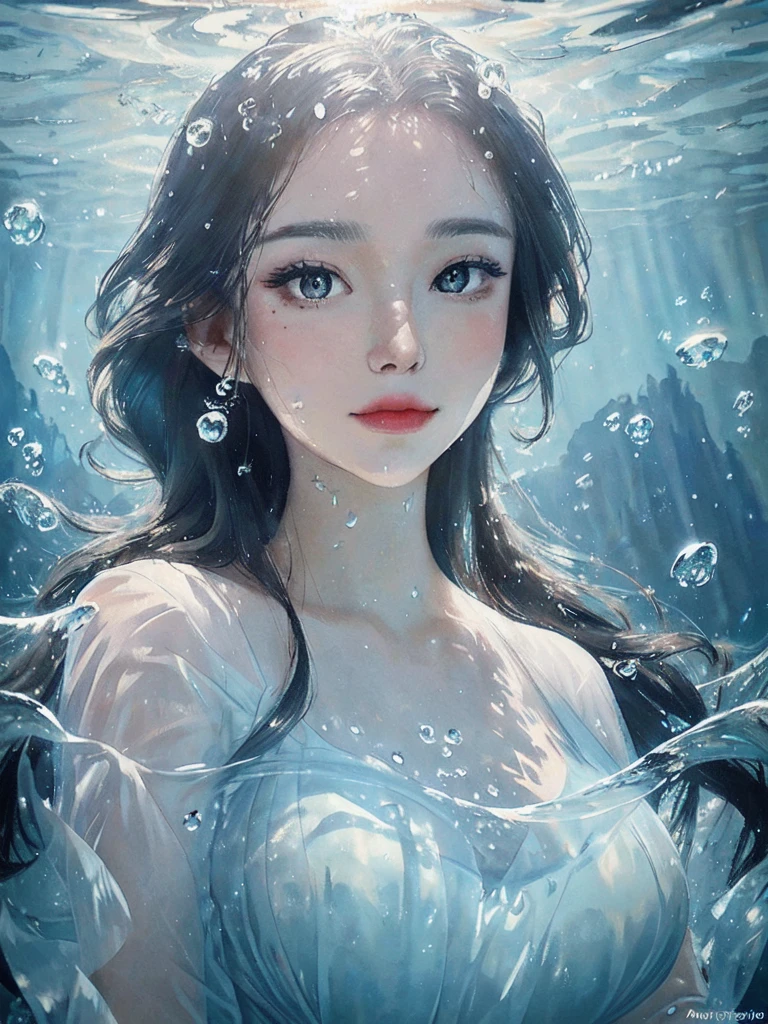 beautiful woman, masterpiece, best quality, portrait, close up, detailed face and eyes, dress, underwater hair physics, air bubbles, ((light coming through water)), solo focus, depth of field, ambient lighting, atmospheric, intricate details, soft light, artstation, ((look at the view, face up))