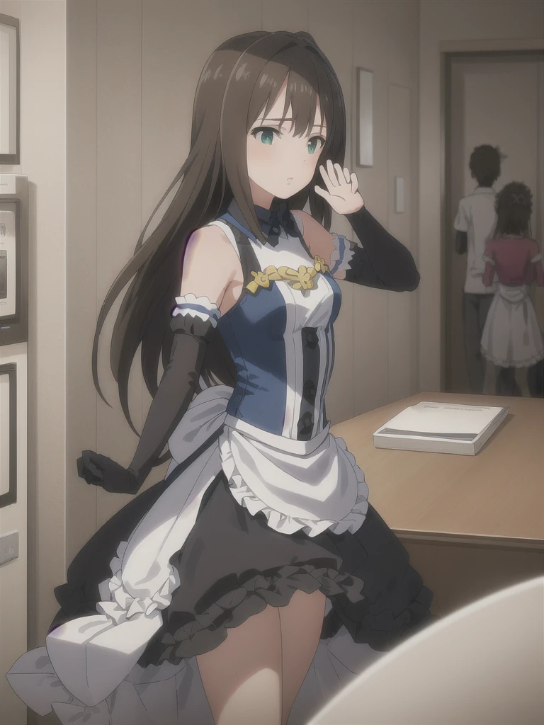 (in hotel, masterpiece, best quality:1.2), maid, 1girl, holding baby, hold , waving hair, ((elbow gloves)), modify body, bind_all, machine, ｓｐｒｅａｄ legs, ｂｄｓｍ
