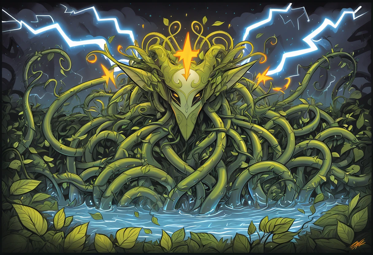 tribal creature covered in leaves vines and surrounded by lightning bolts and water tendrils retro graffiti
