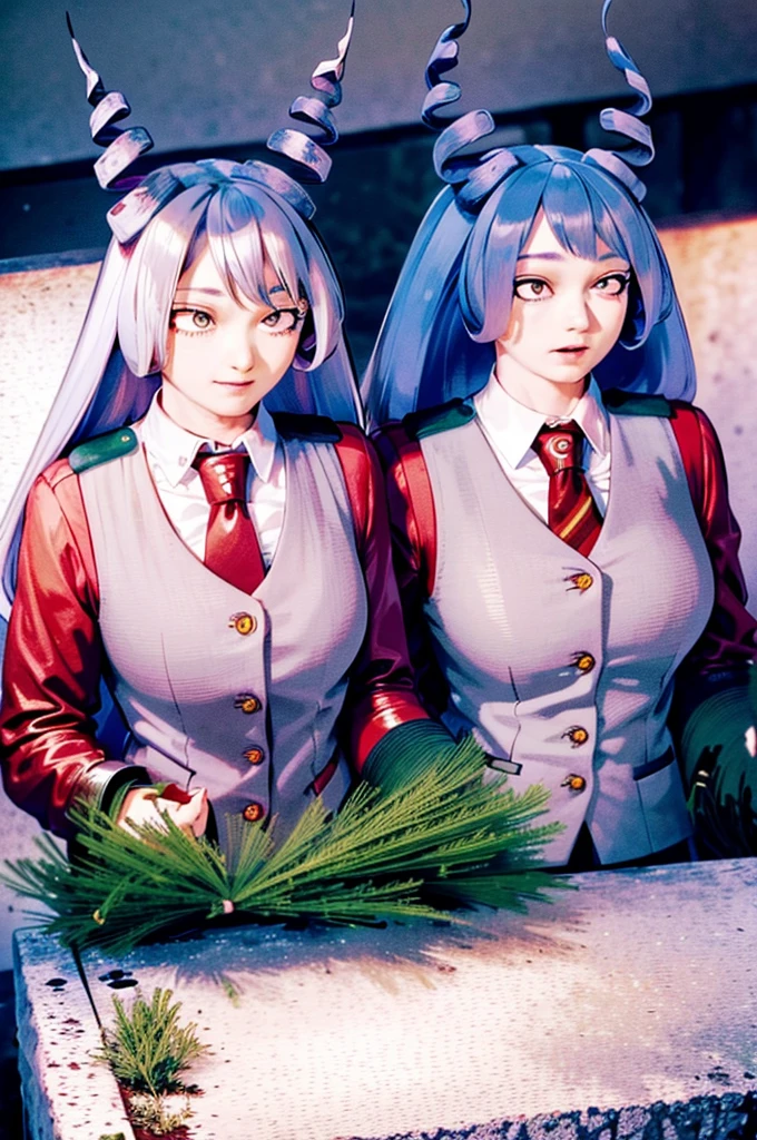 ((absurdres)), (((best Quality))), ((ultra detailed)), ((illustration)), full resolution, hdr, 8k, 16k, (Masterpiece, Best quality:1.4), (Beautiful, Aesthetic, Perfect, Intricate:1.2), (ultra resolution:1.2), (ultra detailed), 1girl, nejire hado, periwinkle hair, drill hair, hair horns, bangs, blue eyes, white shirt, BREAK, seifuku, grey vest, green skirt, red tie, red necktie, ((upper body)), studio lighting, (((medium breasts))), ((happy)) 