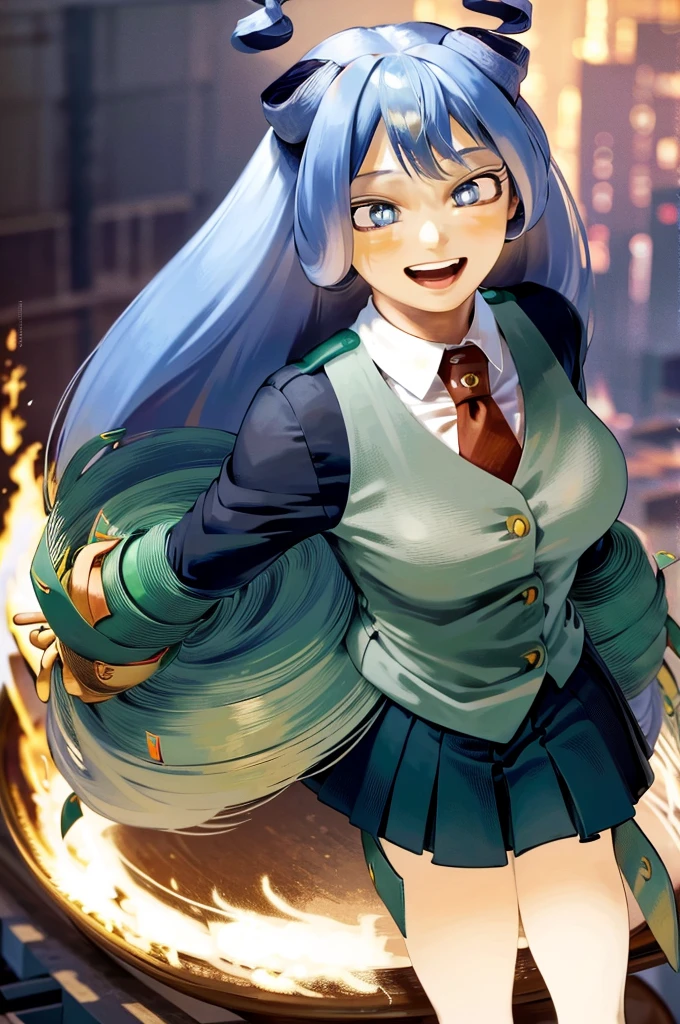 ((absurdres)), (((best Quality))), ((ultra detailed)), ((illustration)), full resolution, hdr, 8k, 16k, (Masterpiece, Best quality:1.4), (Beautiful, Aesthetic, Perfect, Intricate:1.2), (ultra resolution:1.2), (ultra detailed), 1girl, nejire hado, periwinkle hair, drill hair, hair horns, bangs, blue eyes, white shirt, BREAK, seifuku, grey vest, green skirt, red tie, red necktie, ((upper body)), studio lighting, (((medium breasts))), ((happy)) 