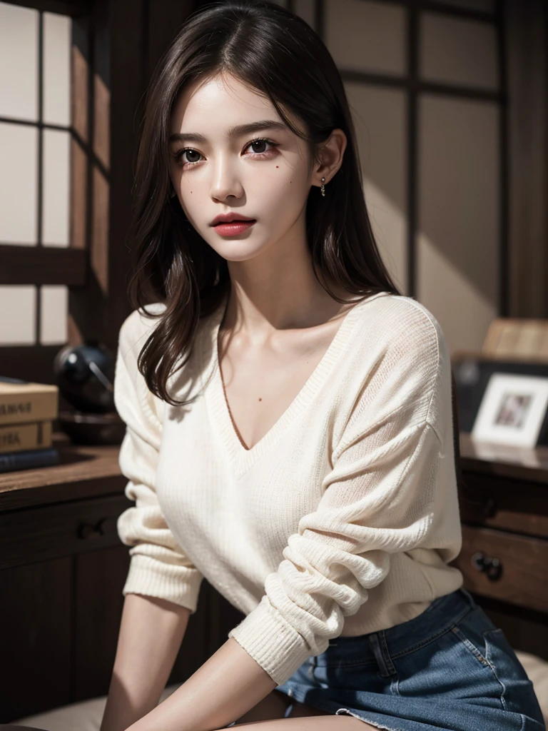 absurdres, RAW photo, extremely delicate and beautiful, masterpiece, Best Quality, ultra high resolution, 32k, hyperrealistic, ultra-detailed, perfect anatomy, anatomically correct, perfect figure, Perfect Style, Perfect balance, super Detailed skin, in her 20s, very Slim body, narrow waist, very small head, very small face, delicate facial features, handsome detailed woman, very detailed eyes and face, realistic face proportions, Realistic beautiful face, Realistic beautiful eyes, tearful mole, earring, very huge round breasts, whole body shot, whole legs, medium hair, asymmetrical hair, indoor, knitted shirt, skirt, tie,