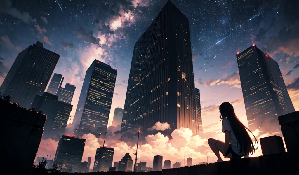 Octane Camera, null, star (null), scenery, starry null, night, 悟null, night null, female knight, Outdoor, building, cloud, milky way, Sitting, wood, Long Hair, city, silhouette, cityscape