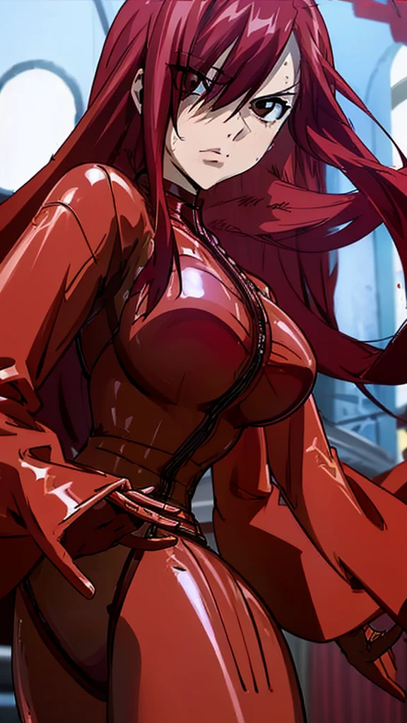 1 girl, ((red latex suit)), standing sexily, looking at viewer, lower angle, long hair, flirty_look