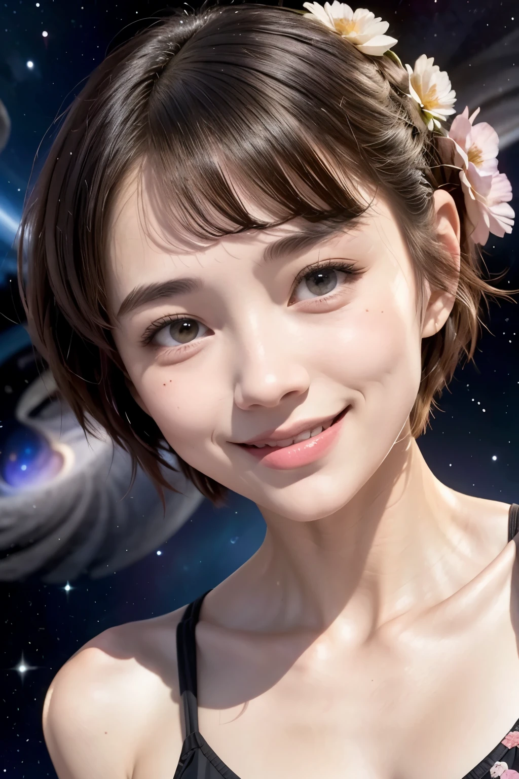 258 19-year-old female, (short hair),(Abstract background,universe), smile, flower