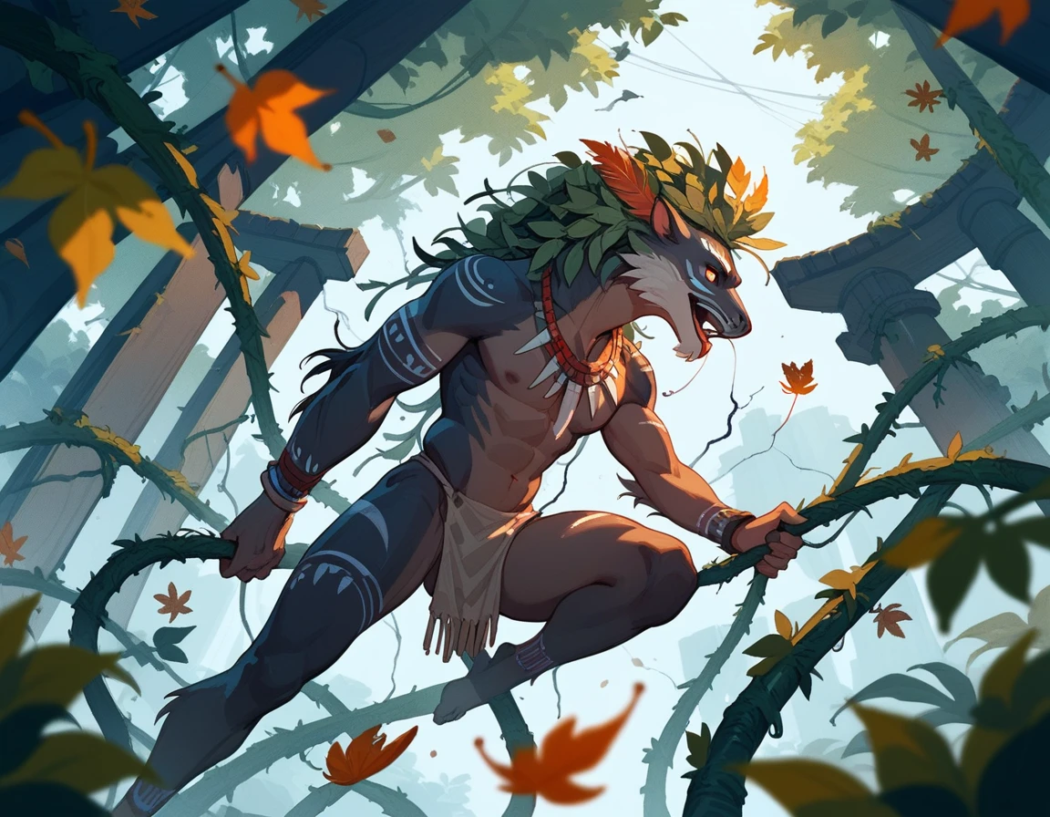 (score_9,score_8_up,score_7_up,score_6_up,score_5_up,score_4_up)tribal creature covered in leaves vines and surrounded by lightning bolts and water tendrils retro graffiti

