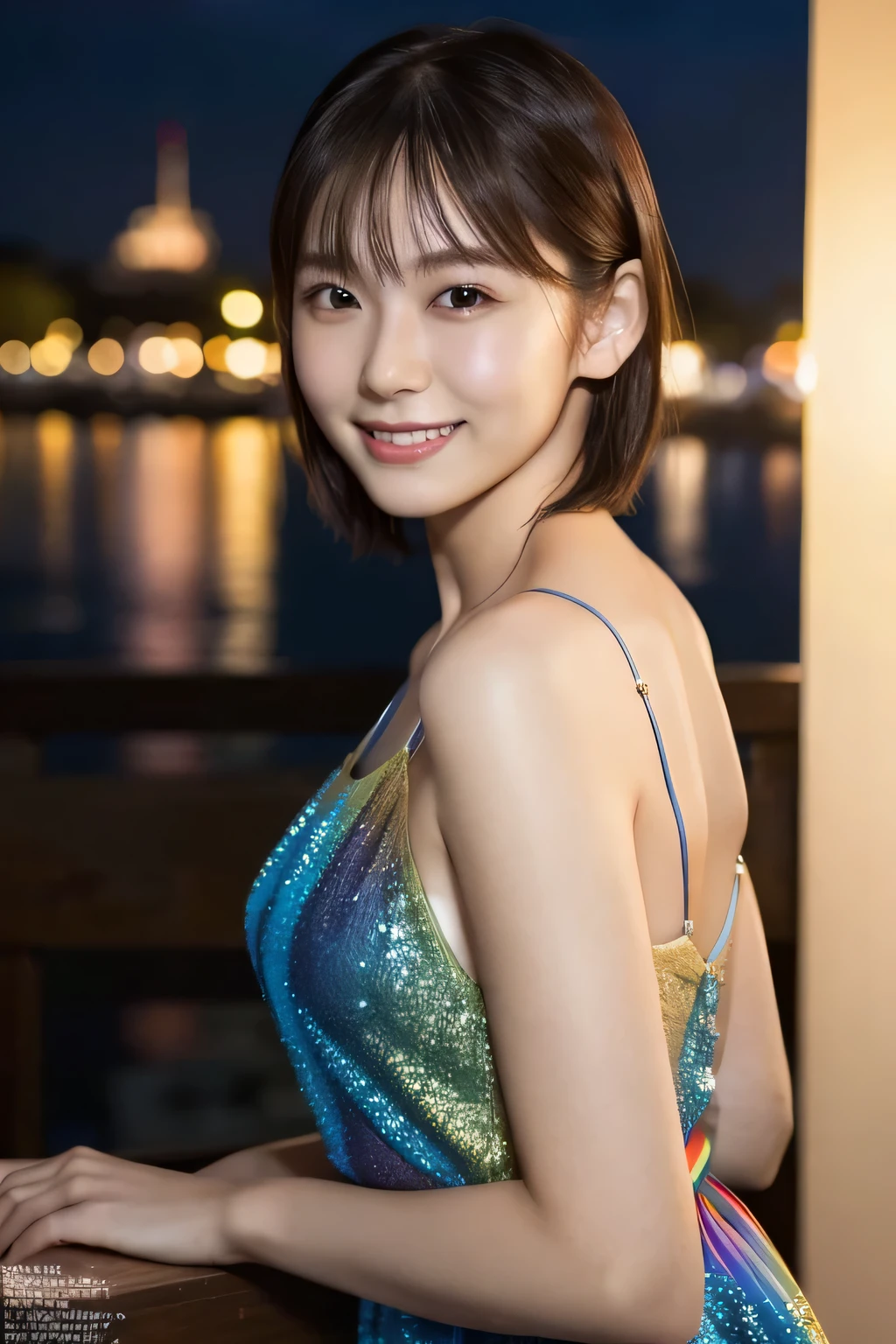 1 girl, (Wearing a rainbow dress:1.2), (Supercluster), Very beautiful Japanese idol portraits, 
(RAW Photos, Highest quality), (Realistic, Realistic:1.4), (masterpiece), 
Very delicate and beautiful, Very detailed, 2k wallpaper, wonderful, finely, Very detailed CG Unity 8K wallpaper, Very detailed, High resolution, Soft Light, 
Beautiful detailed girl, Very detailed目と顔, Beautiful and sophisticated nose, Beautiful and beautiful eyes, Cinema Lighting, 
(Fashion magazine photography:1.3), (Outdoor), (night lighting), (Waterfront), 
(short hair), 
Complete Anatomy, Slender body, Small breasts, smile