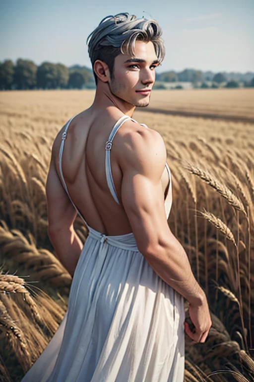 Realistic portrait of a busty shaved young man, 20years old, wearing a dress, straps. Location of wheat field. he should have a natural appearance, curvaceous forms, blue eyes, gray hair, smile. His back is turned to the photographer. Shoot this image in high resolution with a 35mm lens to get a good perspective.”, hot man , hot male, hot man